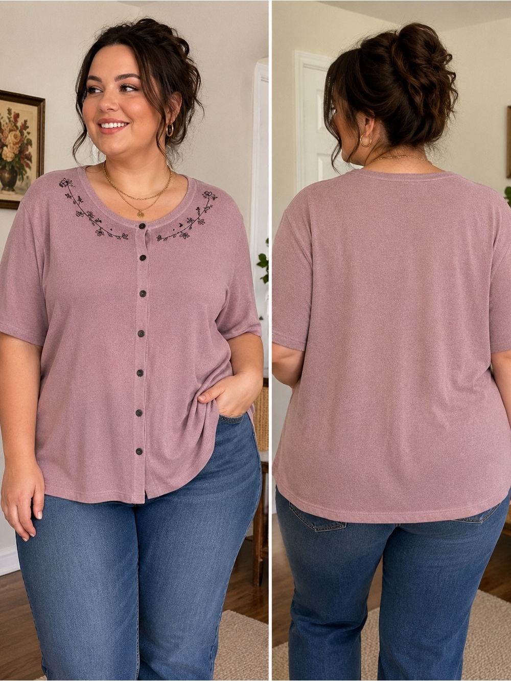 Venezia Mauve Button-Front Top with Floral Embroidery